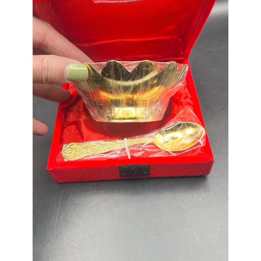 VTG Gold‎ & Silver Plated Lotus Gift Bowl And Spoon Velvet Box 4